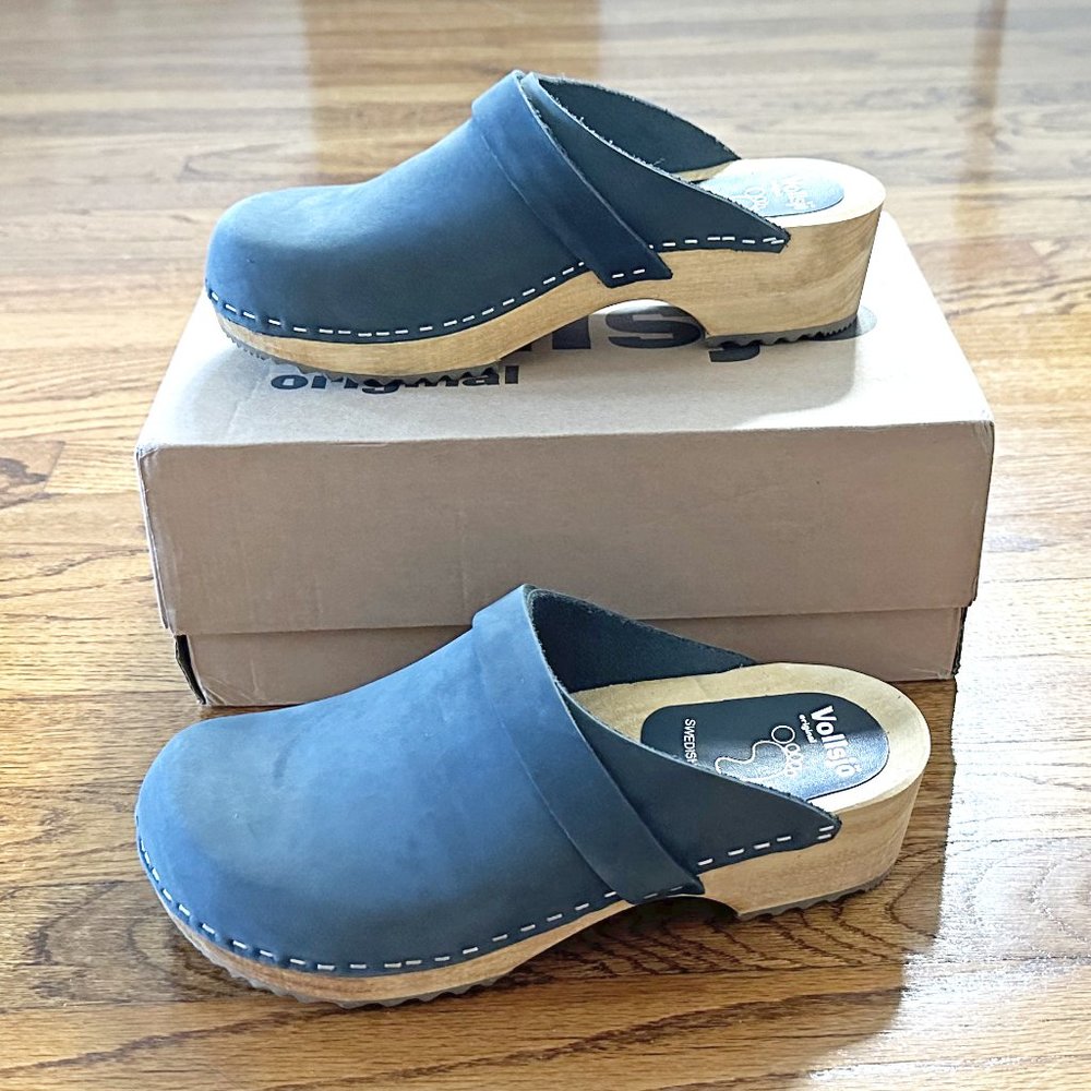 Vollsjo Swedish nubuck leather clogs in gray, sz 38